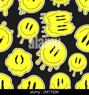 Vettore di volti sorridenti groovy. Emoji che sgocciola i doodle retrò. Divertente LSD, surreale, techno, sciogliendo segno facciale. Emoji acide, trippy, psichedeliche per il web Illustrazione Vettoriale