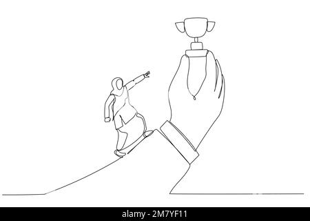 Illustrazione di una donna d'affari musulmana correre con il massimo sforzo per raggiungere la coppa trofeo in mano gigante. Un design in stile artistico a linea continua Illustrazione Vettoriale