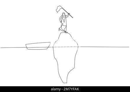 Disegno di una donna d'affari musulmana che tiene la bandiera al picco del concetto di illusione dell'iceberg. Un design in stile artistico a linea continua Illustrazione Vettoriale