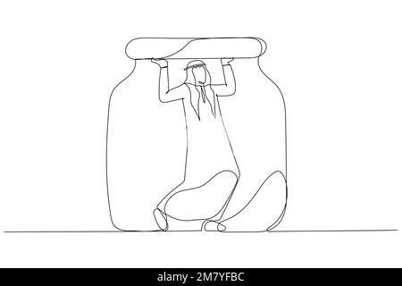 Disegno dell'uomo arabo intrappolato in un concetto del vaso di limitazione di affari. Design di stile artistico a linea singola Illustrazione Vettoriale
