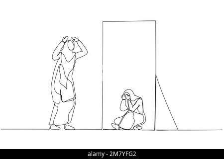Cartone animato di donna indossare hijab panico guardare in specchio vedere depresso auto. Design di stile artistico a linea singola Illustrazione Vettoriale