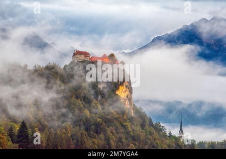 Misty mattina sul lago di Bled in Slovenia, Europa UE Foto Stock