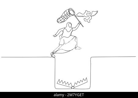 Illustrazione della donna musulmana di affari prova a prendere il salto volante del dollaro sopra il foro della presa. Design a linea continua Illustrazione Vettoriale