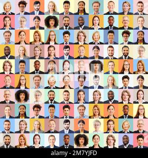 Ritratto collage di diversi uomini d'affari di fronte a sfondi colorati come un concetto di squadra Foto Stock