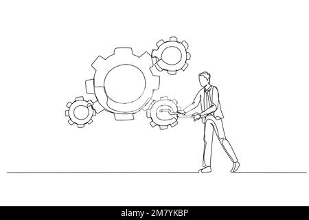 Cartone animato di manager di uomo d'affari utilizzare capacità manageriale per ruotare il gruppo di business ruote dentate. Design artistico di una linea Illustrazione Vettoriale