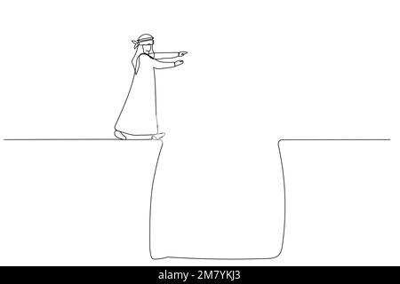 Disegno di un uomo arabo bendato che cammina nel profondo foro concetto di incertezza nel business. Design di stile artistico a linea singola Illustrazione Vettoriale