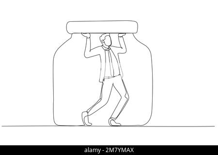 Cartone animato di uomo d'affari intrappolato in un concetto del vaso di limitazione di affari. Design in stile artistico a una linea Illustrazione Vettoriale