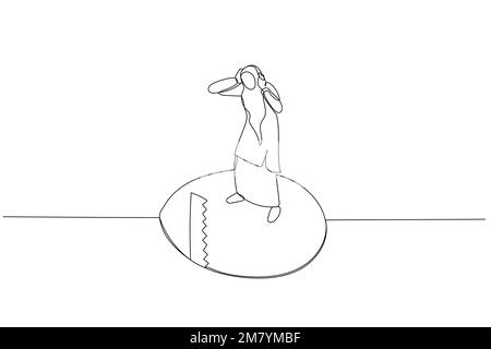 Cartone animato di sega che tagliano il pavimento rendono la donna musulmana di affari panico concetto di crisi di affari. Design di stile artistico a linea singola Illustrazione Vettoriale