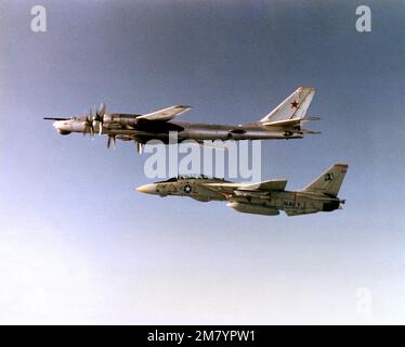 Una vista aria-aria sul lato sinistro di un velivolo di ricognizione marittimo sovietico Tu-95 Bear, top, scortato da un US Navy F-14 Tomcat quando l'aereo sovietico si avvicina al gruppo di battaglia Readex 1-83. Il LCDR Greg Quist pilota il Fighter Squadron 142 (VF-142) Tomcat, assegnato al velivolo nucleare USS DWIGHT D. EISENHOWER (CVN-69). LT J.G. Randy Dewar è il radar intercetta ufficiale. Paese: Oceano Atlantico (AOC) Foto Stock