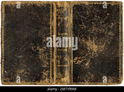Antico libro aperto con copertina in pelle grunga ruvida e decorazioni astratte in rilievo dorate, circa 1865 Foto Stock