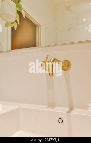un lavandino bianco da bagno con manici in oro e accessori in ottone sulla maniglia montata a parete Foto Stock