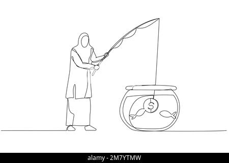 Disegno di donna musulmana cercare di agganciare e catturare con esca di moneta. Design unico in stile artistico a linea continua Illustrazione Vettoriale