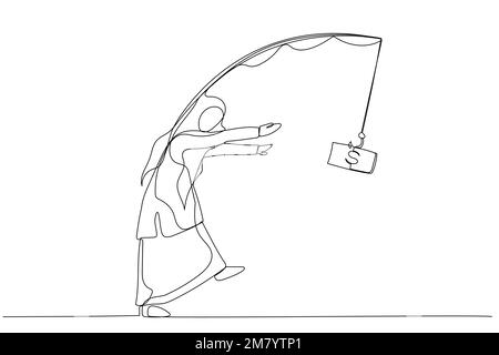 Cartone animato di donna musulmana camminare come zombie vivere la vita con i soldi come motivazione. Design in stile artistico a una linea Illustrazione Vettoriale