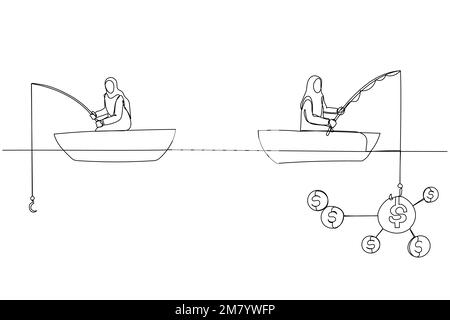 Illustrazione di donna musulmana che pesca dollaro seduto in barca. Design a linea continua singola Illustrazione Vettoriale