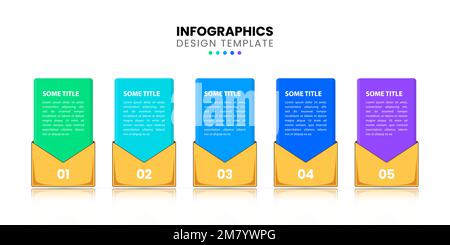 Modello infografico con 5 opzioni o passaggi. Busta. Può essere utilizzato per il layout del flusso di lavoro, il diagramma, il banner, il webdesign. Illustrazione vettoriale Illustrazione Vettoriale