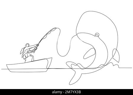 Cartone animato di donna musulmana ottenere il concetto di balena grande del pesce di cattura del profitto grande. Design artistico di una linea Illustrazione Vettoriale