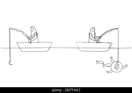 Disegno di donna musulmana pesca dollaro profitto seduto in barca. Design unico in stile artistico a linea continua Illustrazione Vettoriale