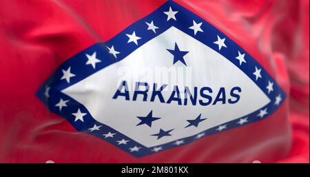 Vista ravvicinata dell'onda della bandiera di stato dell'Arkansas. Stati UNITI conosciuto per la sua bellezza naturale. Sfondo strutturato. Messa a fuoco selettiva. Illustrazione realistica in 3D Foto Stock