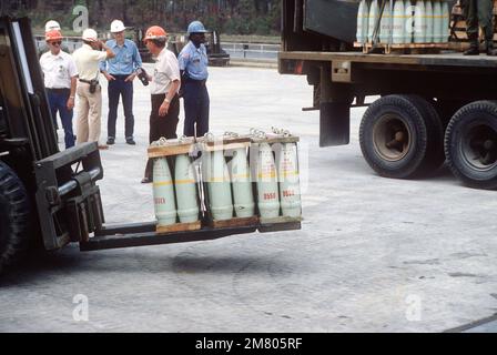 I membri della 155th Transportation Company utilizzano un verricello per scaricare pallet di gusci da 155 mm dal CANTIERE navale militare Sealift Command (T-AK 2031) noleggiato durante le operazioni DI SALVATAGGIO. Base: Southport Stato: North Carolina (NC) Paese: Stati Uniti d'America (USA) Foto Stock