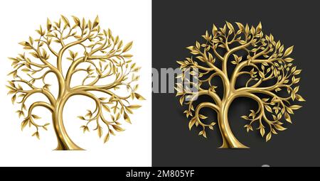 Emblema rotondo dorato dell'albero delle fate Illustrazione Vettoriale
