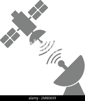 Il satellite invia i dati a un'antenna parabolica satellitare, icona del satellite su sfondo bianco. Illustrazione del vettore del pittogramma di trasmissione Illustrazione Vettoriale