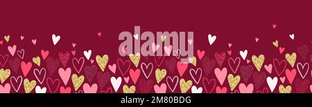 Cuori ripetuti motivo senza cuciture, disegnati a mano con effetto glitter oro, sfondo carino. Infinite stampe romantiche - design vettoriale Illustrazione Vettoriale