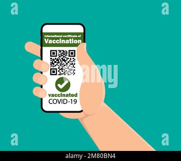 Passaporto di vaccinazione per COVID-19 visualizzato sullo smartphone tenuto in mano da un maschio. Illustrazione vettoriale. EPS 10. Illustrazione Vettoriale
