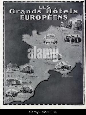 PUBLICITÉ ANCIENNE LES GRANDS HÔTELS EUROPÉENS. 1929 Foto Stock