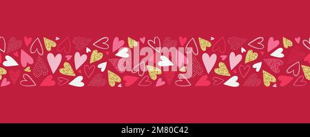 Cuori ripetuti motivo senza cuciture, disegnati a mano con effetto glitter oro, sfondo carino. Infinite stampe romantiche - design vettoriale Illustrazione Vettoriale
