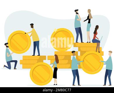Business concept crescita finanziaria. Uomini d'affari che aggiungono monete. Illustrazione vettoriale. EPS 10. Illustrazione Vettoriale