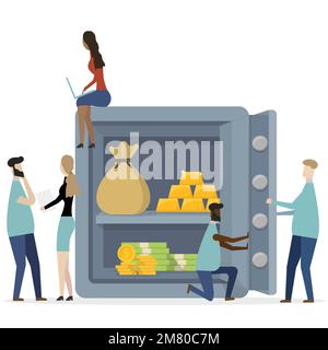 Deposito sicuro, deposito in contanti, dipendenti bancari, concetto di investimento di denaro. Illustrazione vettoriale. EPS 10. Illustrazione Vettoriale