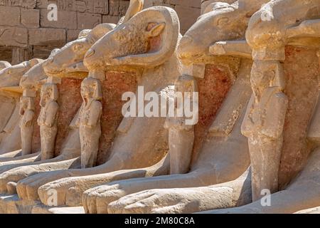 DROMOS, VIALE DI SFINGI CAPRE-TESTA CHE CONDUCE ALL'INGRESSO DEL TEMPIO DI KARNAK, ANTICO SITO EGIZIANO DELLA DINASTIA DEL 13TH, SITO PATRIMONIO DELL'UMANITÀ DELL'UNESCO, LUXOR, EGITTO, AFRICA Foto Stock