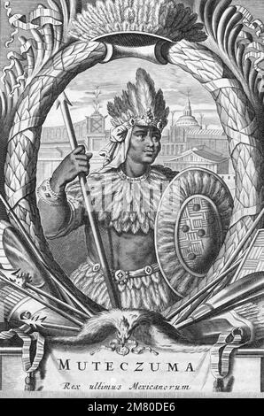Moctezuma II (Montezuma II). Illustrazione dell'ultimo imperatore dell'Impero azteco, Moctezuma Xocoyotzin (1466-1520), incisione Foto Stock