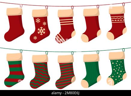 Set di calza natalizia. Calze di Natale colori rosso verde. Appendere le decorazioni di festa per i regali. Illustrazione vettoriale. EPS 10. Illustrazione Vettoriale