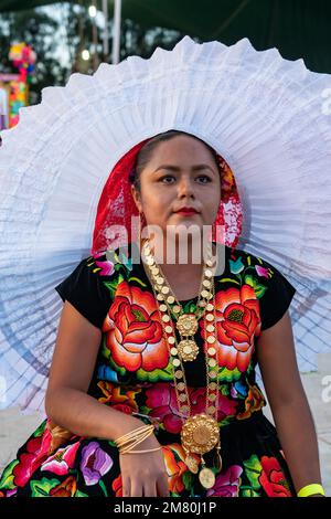 I ballerini della Juchitan de Zaragoza suonano una danza tradizionale presso la Guelaguetza di San Antonino Castillo Velasco, Oaxaca, Messico. I loro costumi sono Foto Stock