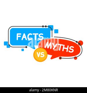 Miti vs fatti icona. Verità e falso, realtà o vero contro la finzione o bugia bolle di linguaggio vettoriale del mito che spezza quiz. Bollature quadrate e rotonde e caselle di testo a colori, temi di controllo dei fatti Illustrazione Vettoriale