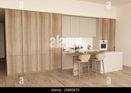 Cucina in legno con tavolo da pranzo e sedie da bar, pavimento in parquet. Cucina soggiorno open space con mobili in legno chiaro. rendering 3d. Alta qualità Foto Stock