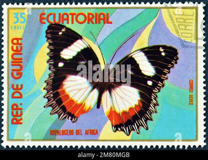 Francobollo annullato stampato dalla Guinea Equatoriale, che mostra Butterfly, circa 1972. Foto Stock