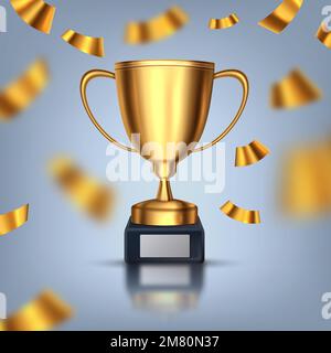 Coppa dei trofei Realistick. Trofeo Champion. Coppa dorata lucida e confetti cadenti, premio sportivo. Premio del vincitore. Illustrazione vettoriale. EPS 10. Illustrazione Vettoriale