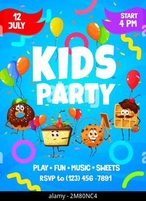 Volantino per feste per bambini con dessert a fumetti, pasticcini e personaggi del panificio. Poster di invito promo Vector con graziosi personaggi di dolci, ciambelle, dolci, biscotti al cioccolato e waffle con palloncini e confetti Illustrazione Vettoriale