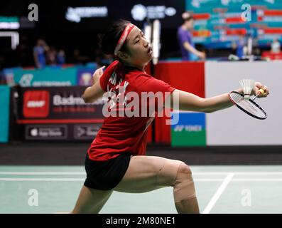 Kuala Lumpur, Malesia. 11th Jan, 2023. Un se Young of Korea gioca contro Malvika Bansod of India durante il primo round femminile del Petronas Malaysia Open 2023 all'Axiata Arena. An se Young of Korea ha vinto con punteggi; 21/21 : 9/13 Credit: SOPA Images Limited/Alamy Live News Foto Stock