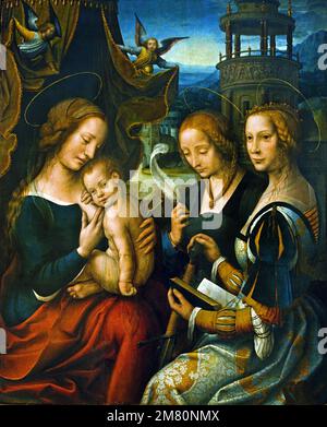 MADONNA E BAMBINO CON I SANTI BARBARA E CATERINA 1520 di Pittore Sconosciuto di Anversa Belga, Belgio, Fiammingo, Foto Stock