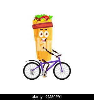 Cartoon Shawarma personaggio in bicicletta. Divertente vettore burrito, rotolo o doner kebab fast food personage riempito con lattuga, carne e pomodoro in bicicletta, attività sportive. Spuntino messicano tex mex Illustrazione Vettoriale