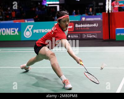 Kuala Lumpur, Malesia. 11th Jan, 2023. Un se Young of Korea gioca contro Malvika Bansod of India durante il primo round femminile del Petronas Malaysia Open 2023 all'Axiata Arena. An se Young of Korea ha vinto con punteggi; 21/21 : 9/13 (Photo by Wong Fok Loy/SOPA Images/Sipa USA) Credit: Sipa USA/Alamy Live News Foto Stock