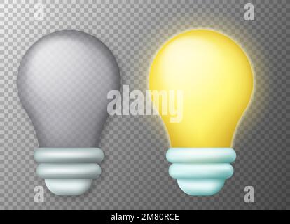 Lampadina della luce elettrica accesa e spenta. 3d icona della lampadina gialla cartoon. Illustrazione vettoriale. EPS 10. Illustrazione Vettoriale