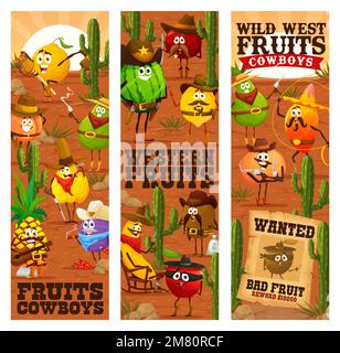 Wild West cartone animato cowboy, sceriffo occidentale, ranger e personaggi ladri. Banner vettoriali con divertenti banditi texani anguria, arancia, prugna o mela cotogna, pesca, limone, kiwi, mela, pera personages Illustrazione Vettoriale