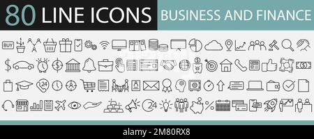 Set di icone Web Business and Finance. Collezione di icone di contorno. Illustrazione vettoriale. EPS 10. Illustrazione Vettoriale