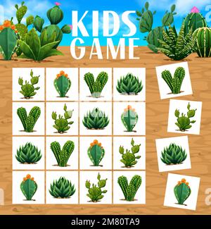 Sudoku gioco messicano Prickly cactus succulents. I capretti del vettore indovinavano con i cactus del cartone animato sulla scacchiera. Attività educativa, teaser di parole incrociate per bambini per attività di sparetime, gioco di boardgame ricreativo Illustrazione Vettoriale