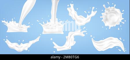 Spruzzi di liquido bianco cremoso. Latte fluente. Sostanza proteica fusa e gocciolante. Illustrazione vettoriale. EPS 10. Illustrazione Vettoriale