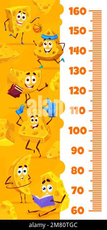 Cartografia altezza bambini maasdam e gouda personaggi formaggio. Scala di altitudine vettoriale con divertenti attività e divertimento degli alimenti da latte. Misuratore di crescita, adesivo da parete per la misurazione dell'altezza dei bambini Illustrazione Vettoriale